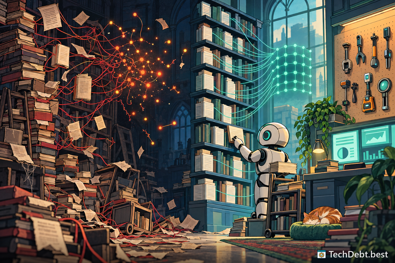 A robot librarian shelving tidy books linked by a teal network while a chaotic heap of torn pages and red links spills left