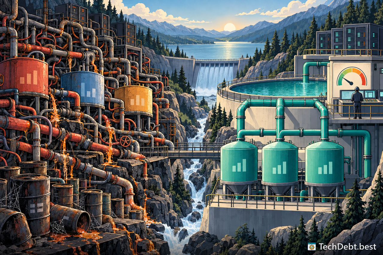 Leaking pipes and mismatched tanks on the left contrast one clear teal reservoir with tidy matching tanks on the right.