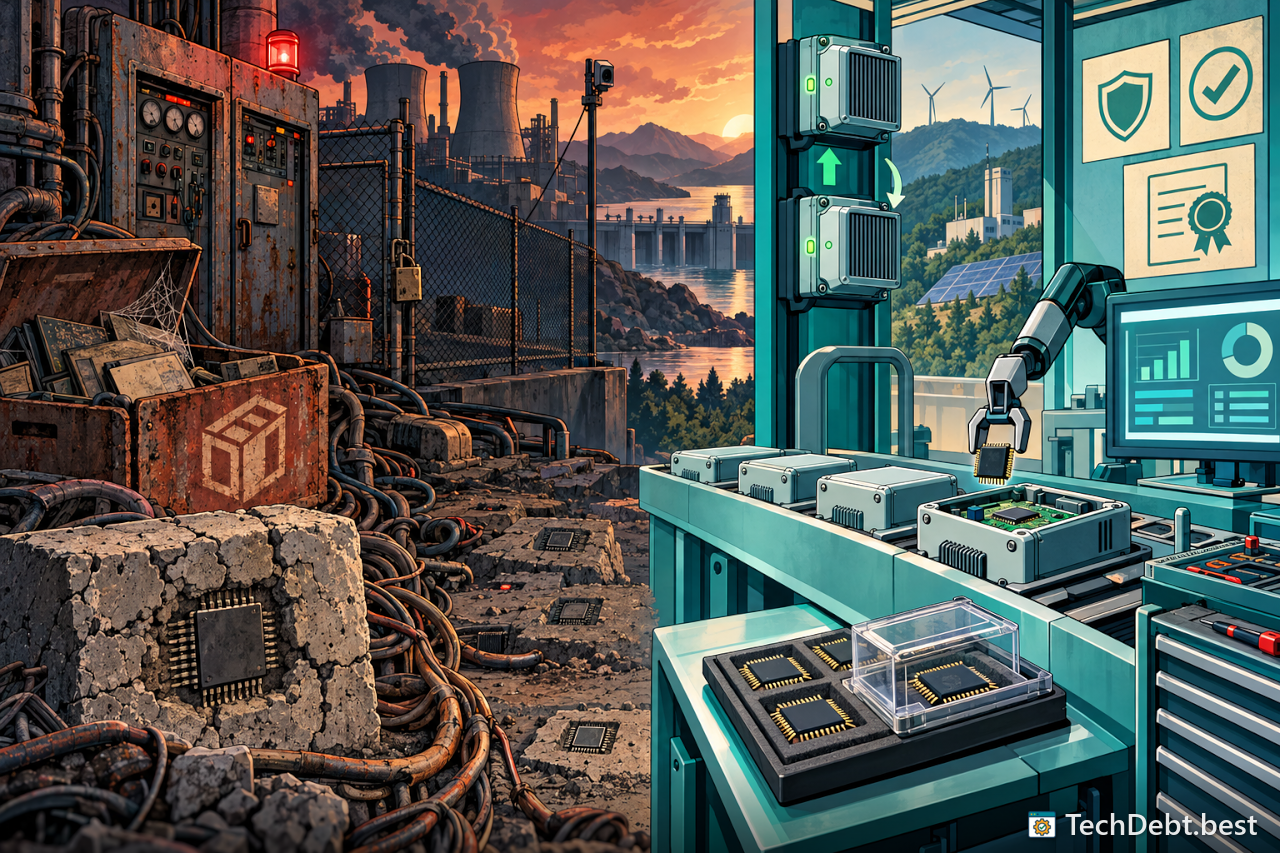Frozen machines and sealed chips in concrete on the left, a modern teal assembly with a swappable chip on the right.