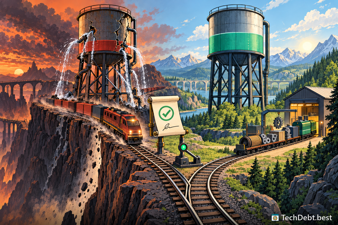 A cracked draining tank and a train nearing a cliff on the left, an intact green tank and a repair siding on the right.