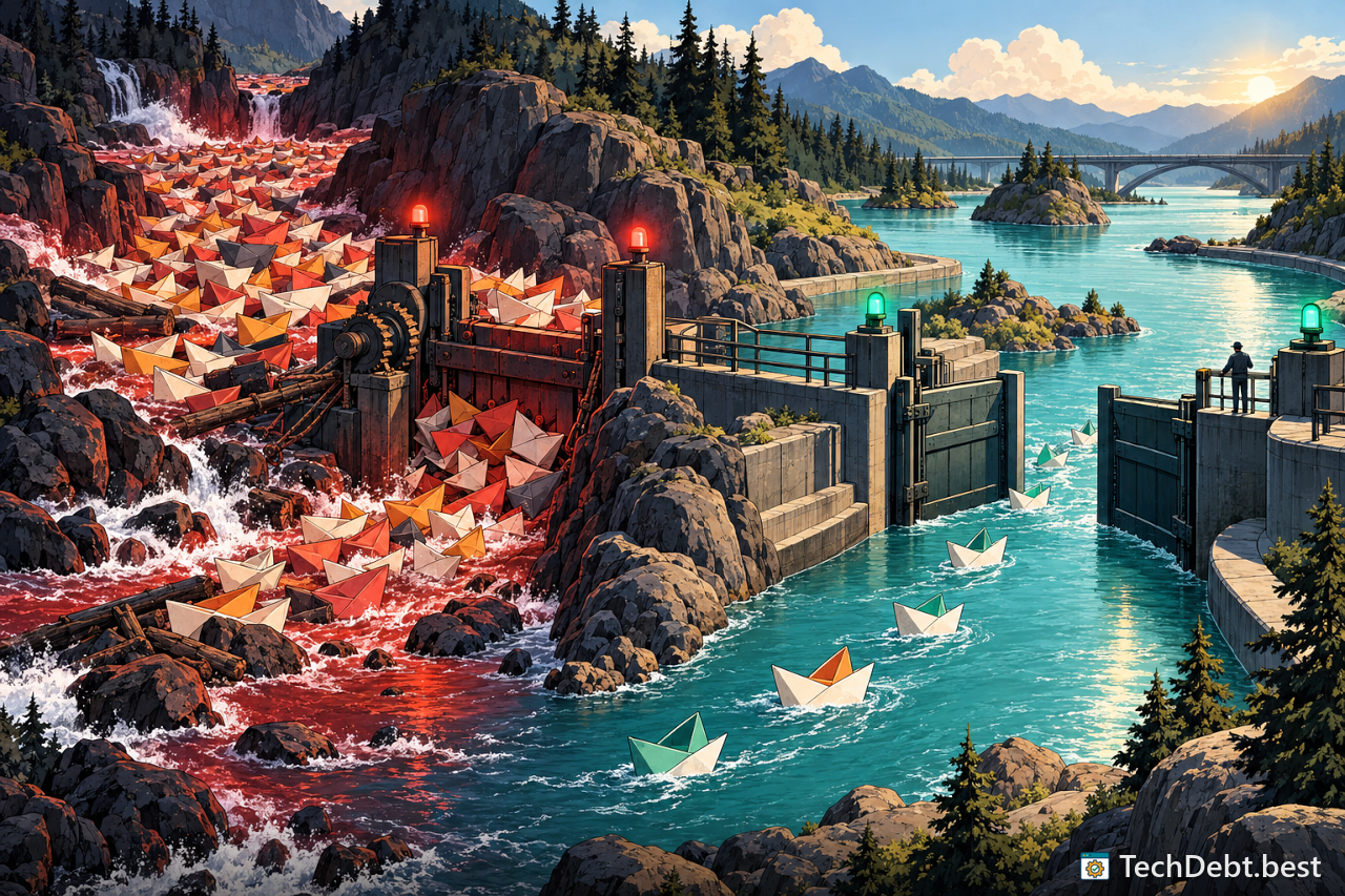 Paper boats pile up behind a jammed lock on the left, a widened teal channel with a limiting gate flows on the right.