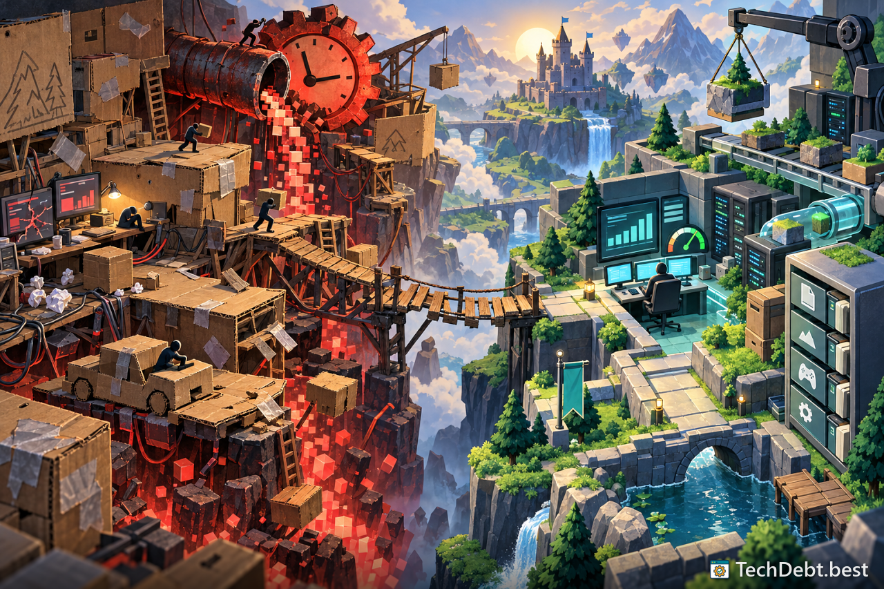 A game level diorama split between a taped-together prototype world and a polished, orderly level.