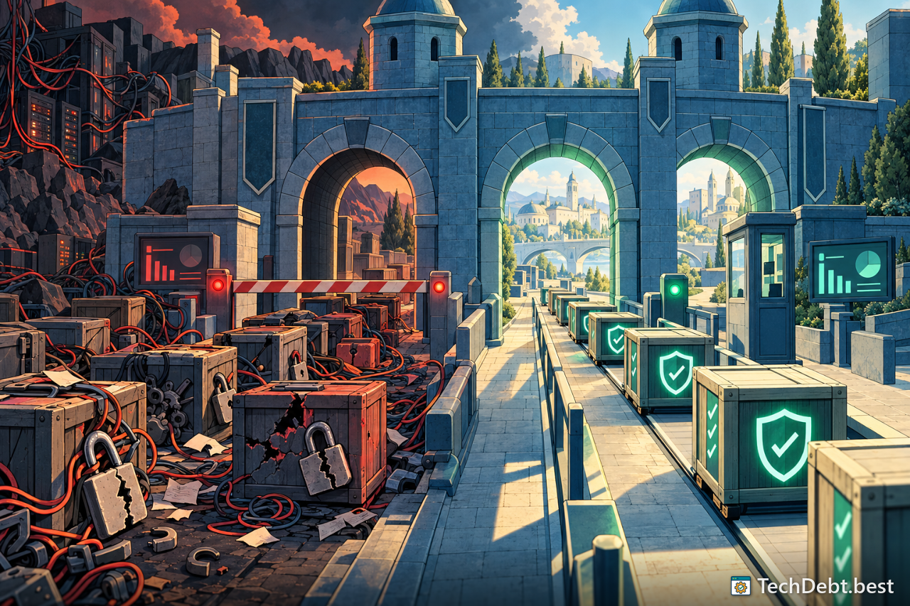 A stone gatehouse where unsealed crates stall at a red barrier and sealed crates pass through teal arches.