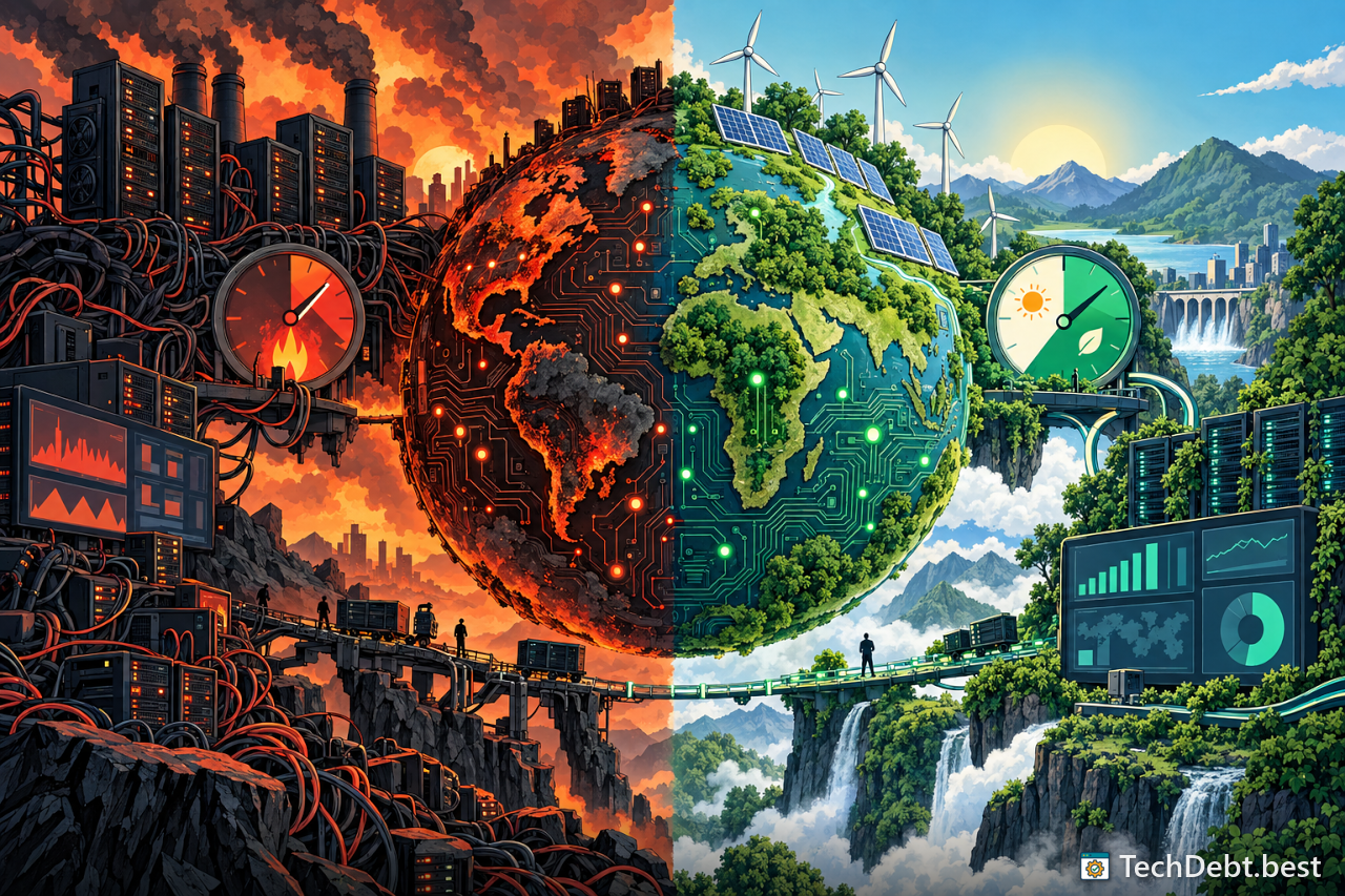 A planet-shaped circuit board with a sooty overheated half and a lush green half powered by sun and wind.