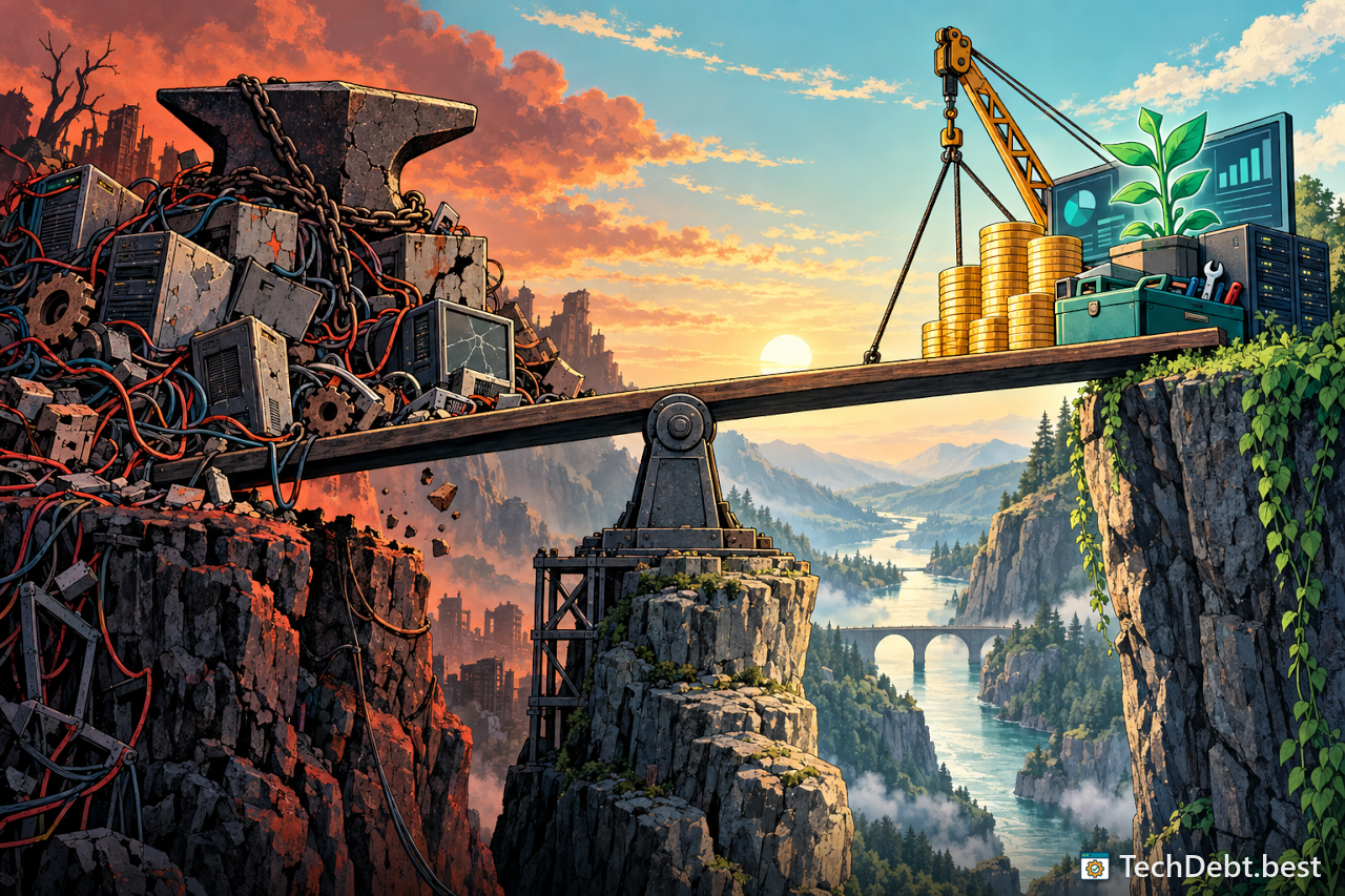 A seesaw over a canyon with an anvil and tangled machinery on one end and coins and a growth plant on the other.