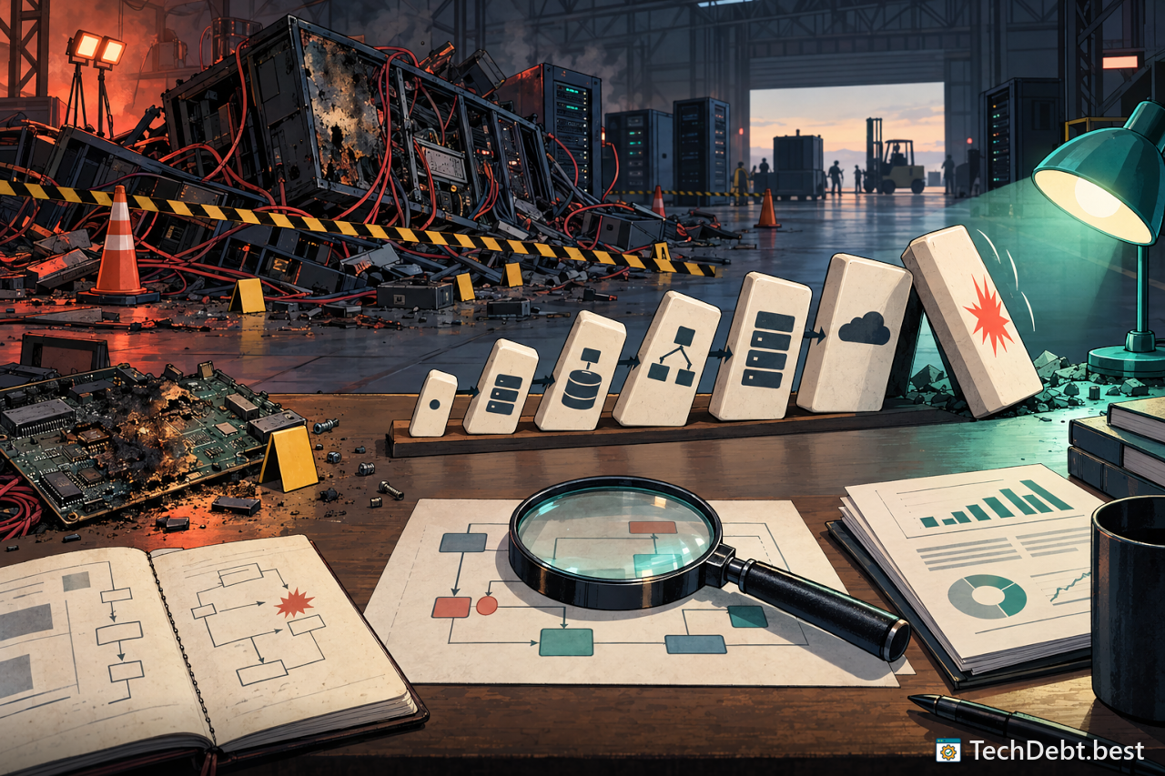 Forensic table with a toppled server rack, caution tape, falling dominoes of architecture boxes and a magnifying glass