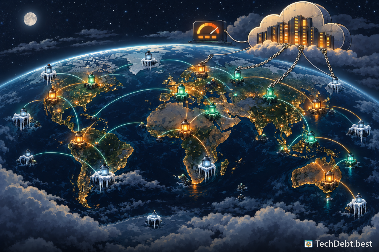 A night globe of edge lanterns, frosted cold ones and warm glowing ones, chained to one cloud with a ticking meter