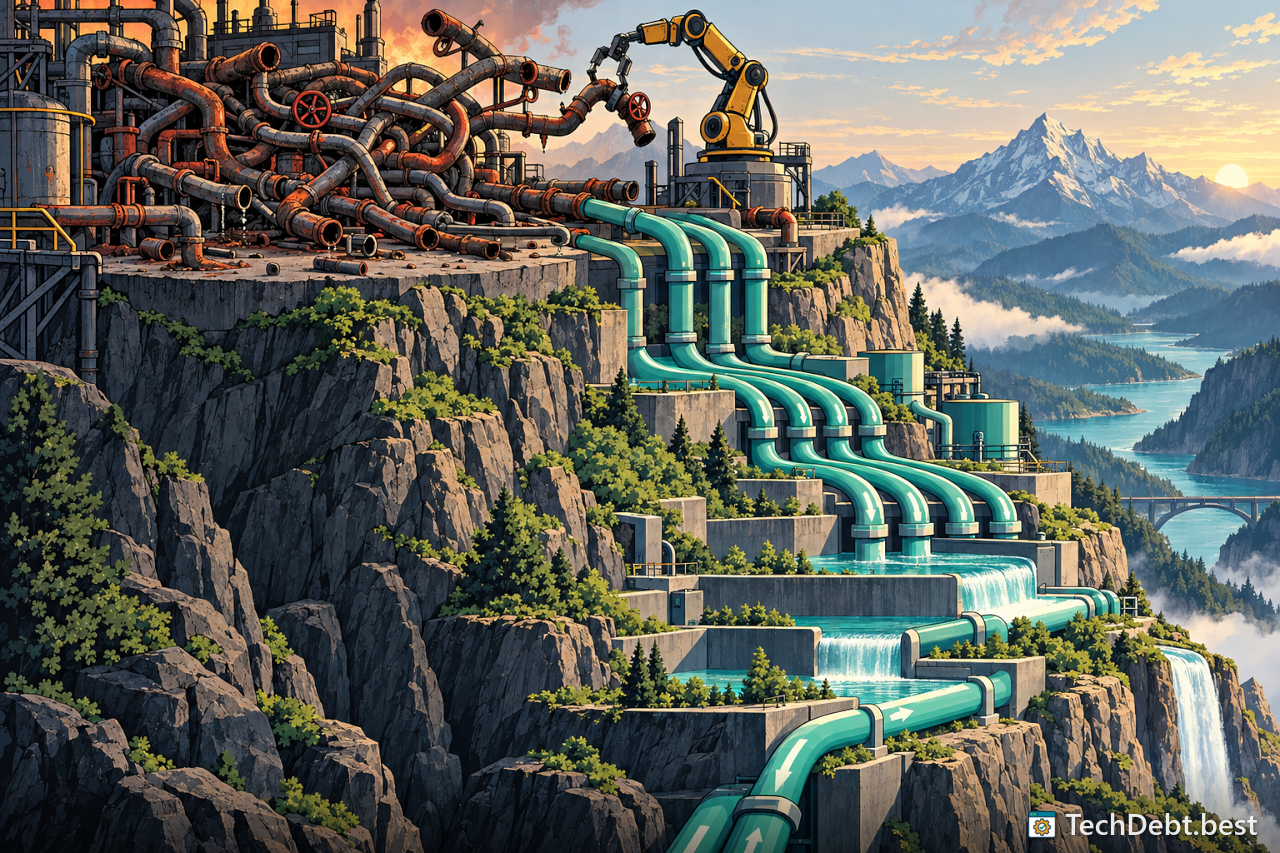 Tangled rusty pipes being rerouted by a robot arm into orderly teal pipes cascading down terraces in one direction