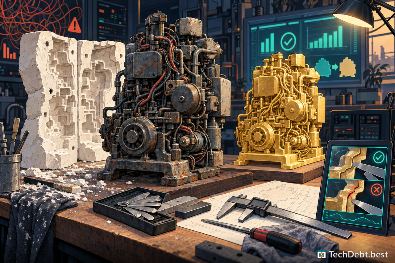 A plaster mold and a gold cast of an old machine on a bench, with feeler gauges and calipers checking they match
